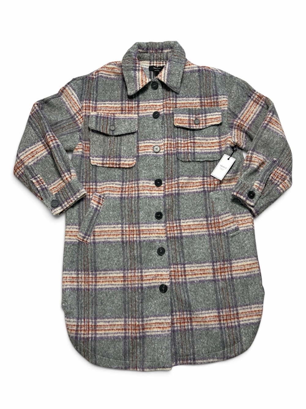 Forever 21 Plus NWT Plaid Longline Shacket Jacket Gray Multi 0X